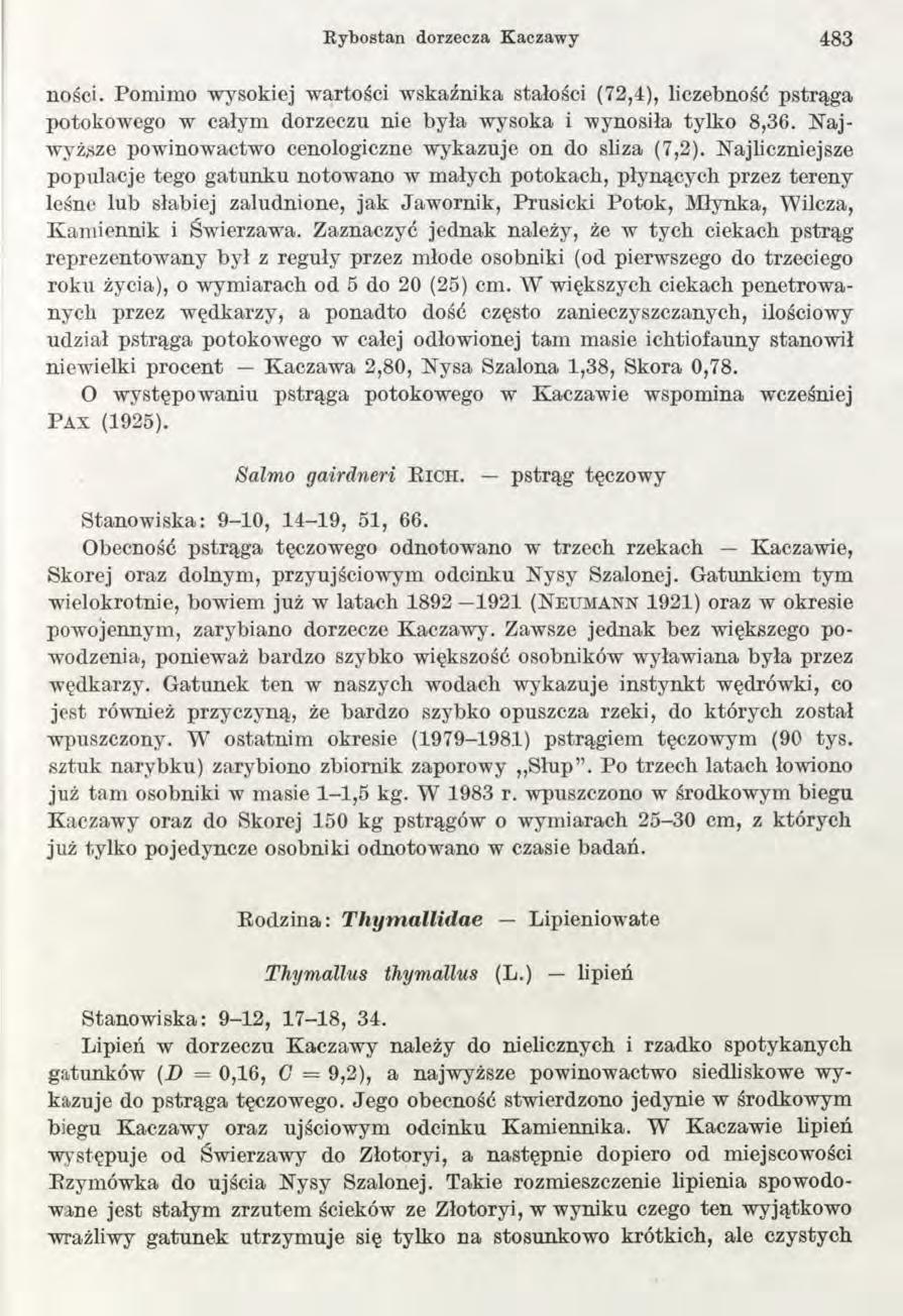 R yhostan dorzecza K aczaw y 4 83 ności. Pomimo wysokiej wartości wskaźnika stałości (72,4), liczebność pstrąga potokowego w całym dorzeczu nie była wysoka i wynosiła tylko 8,36.