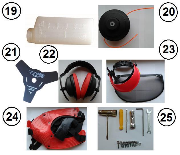 10. Linka przepustnicy. 11. Zaczep szelek. 12. Uchwyt główny, typu kierownica rowerowa. 13. Rura wału napędowego (lanca). 14. Osłona dolna przystawki tnącej. 15. Przekładnia kątowa. 16.