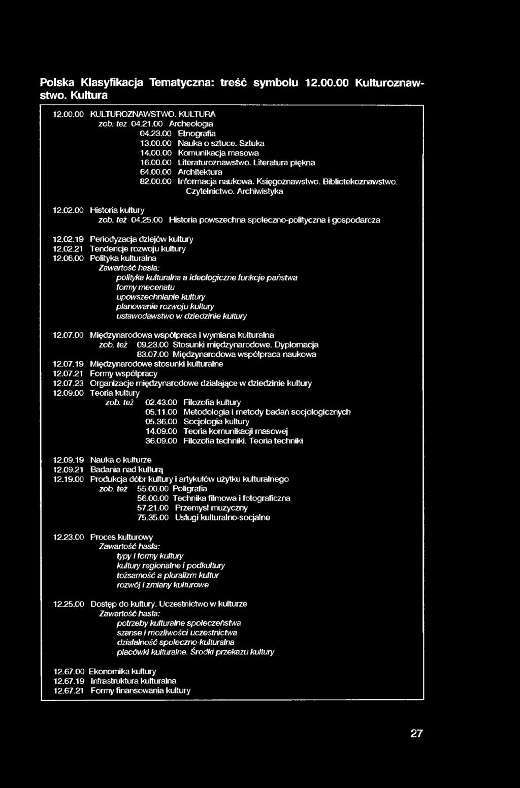 Polska Klasyfikacja Tematyczna: treść symbolu 12.00.00 Kulturoznawstwo. Kultura 12.00.00 KULTUROZNAWSTWO. KULTURA zob. tez 04.21.00 Archeologia 04.23.00 Etnografia 13.00.00 Nauka o sztuce. Sztuka 14.