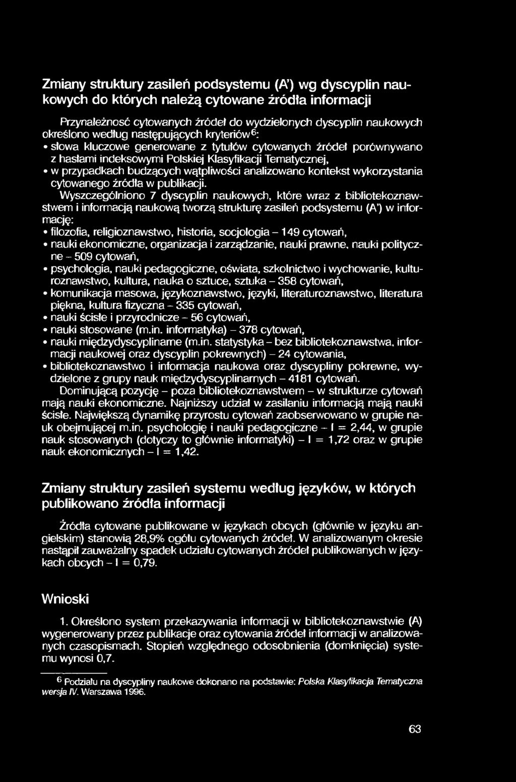 Zmiany struktury zasileń podsystemu (A ) wg dyscyplin naukowych do których należą cytowane źródta informacji Przynależność cytowanych źródeł do wydzielonych dyscyplin naukowych określono według