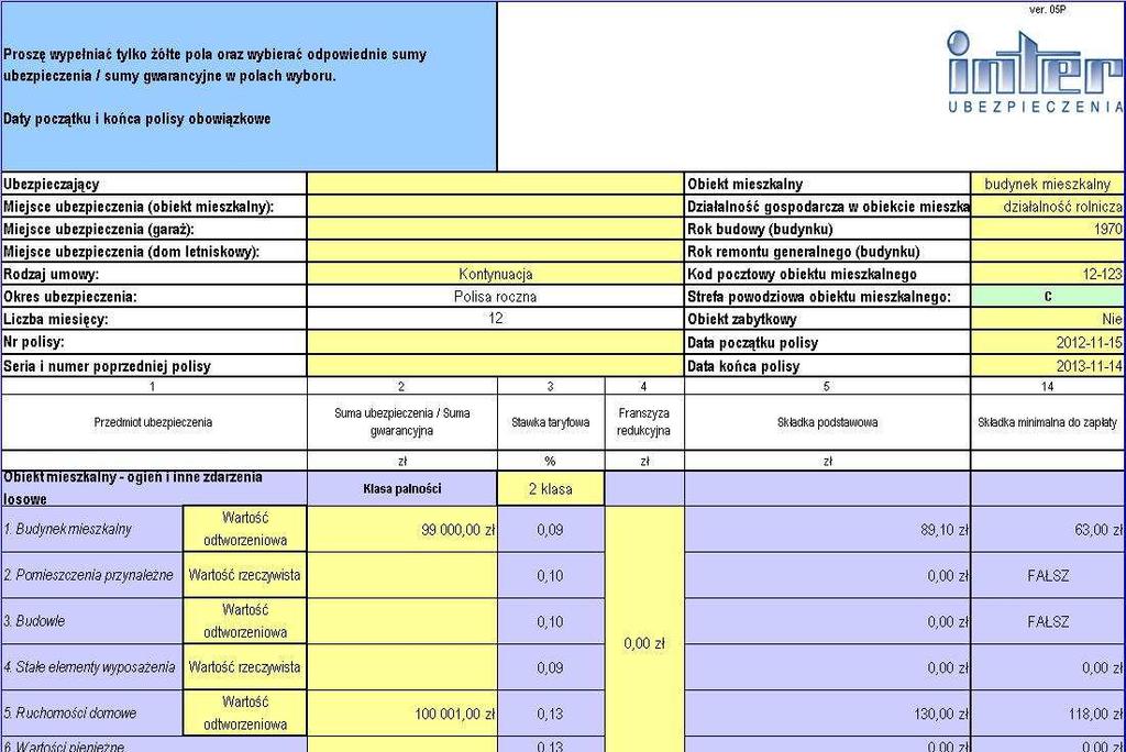 Przykład II Klient wyraŝa zainteresowanie ubezpieczeniem: budynku od ognia na sumę 99 000 zł, ruchomości od