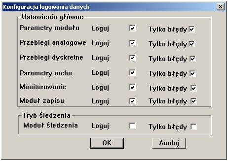 Są to: Parametry modułu; wyświetlane i zmieniane wartości parametrów, Przebiegi analogowe; zapisuje informacje wyświetlane w oknie emulatora oscyloskopu sygnałów analogowych, Przebiegi dyskretne;