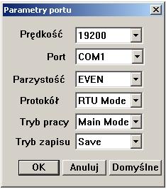 Port; ustawienie odpowiedniego portu szeregowego, wykorzystywanego do komunikacji z przemiennikami częstotliwości; 3. Parzystość; metoda sprawdzania poprawności przesyłanych danych.