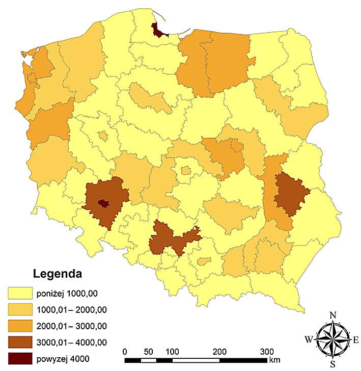 128 Adam Nowak Ryc. 4. Wartość dofinansowania na 1 mieszkańca w zł w ramach POIŚ w układzie pod regionów w Polsce w latach 2007 2013 (stan w dniu 1.12.2015 r.