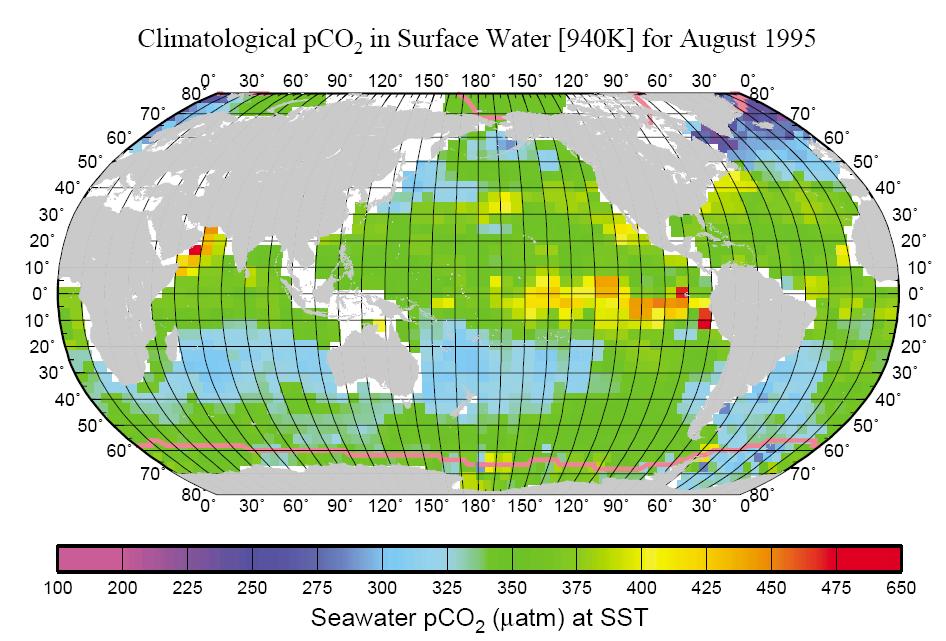 Ciśnienie parcjalne CO2 dla sierpnia Strumień CO2 przez powierzchnię morza zależy od różnicy pco2 między morzem i atmosferą.