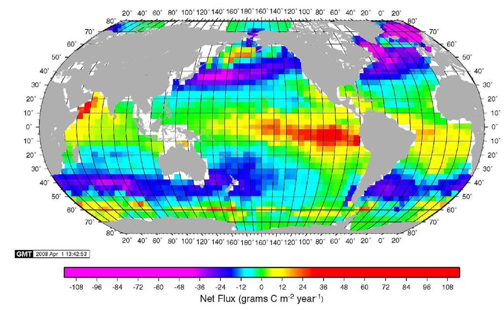 CO2: średni strumień przez powierzchnię morza (2009) Globalny strumień: +1.42 Pg C yr-1 (±0.2 Pg C yr-1) dla roku bez El Niño.