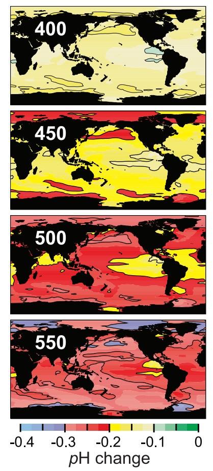 Przewidywane zmiany ph W zależności od przewidywanej koncentracji CO2 (w ppm) na której ustabilizujemy skład atmosfery, mapy pokazują docelową zmianę wartości ph wód powierzchniowych,