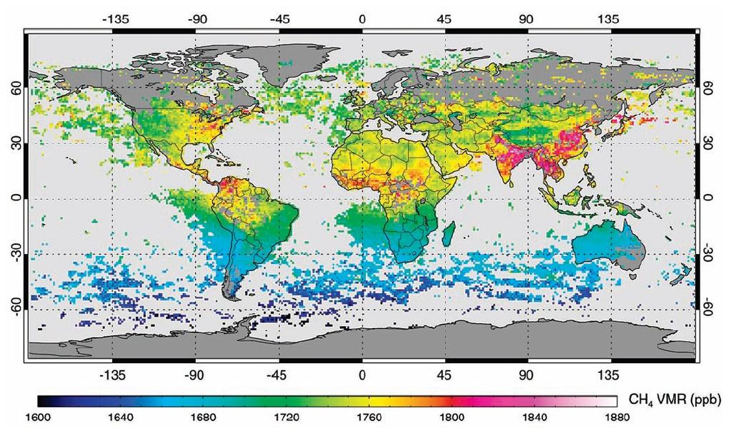 Geografia metanu: obserwacja Koncentracja metanu zmierzona sensorem SCIAMACHY satelity ENVISAT.