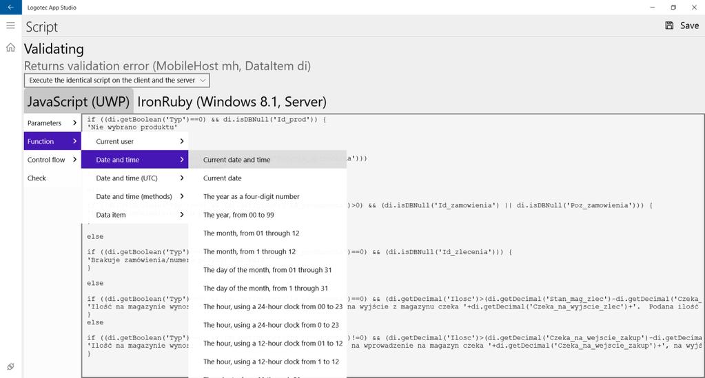 l. O ile jest taka potrzeba, można zdefiniować funkcje w Java Script