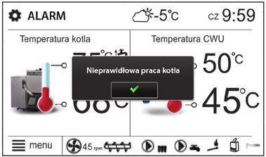 7 Konserwacja i usuwanie usterek Informacje ogólne Alarm W przypadku występowania alarmu w lewym górnym rogu regulatora wyświetli się powiadomienie ALARM.