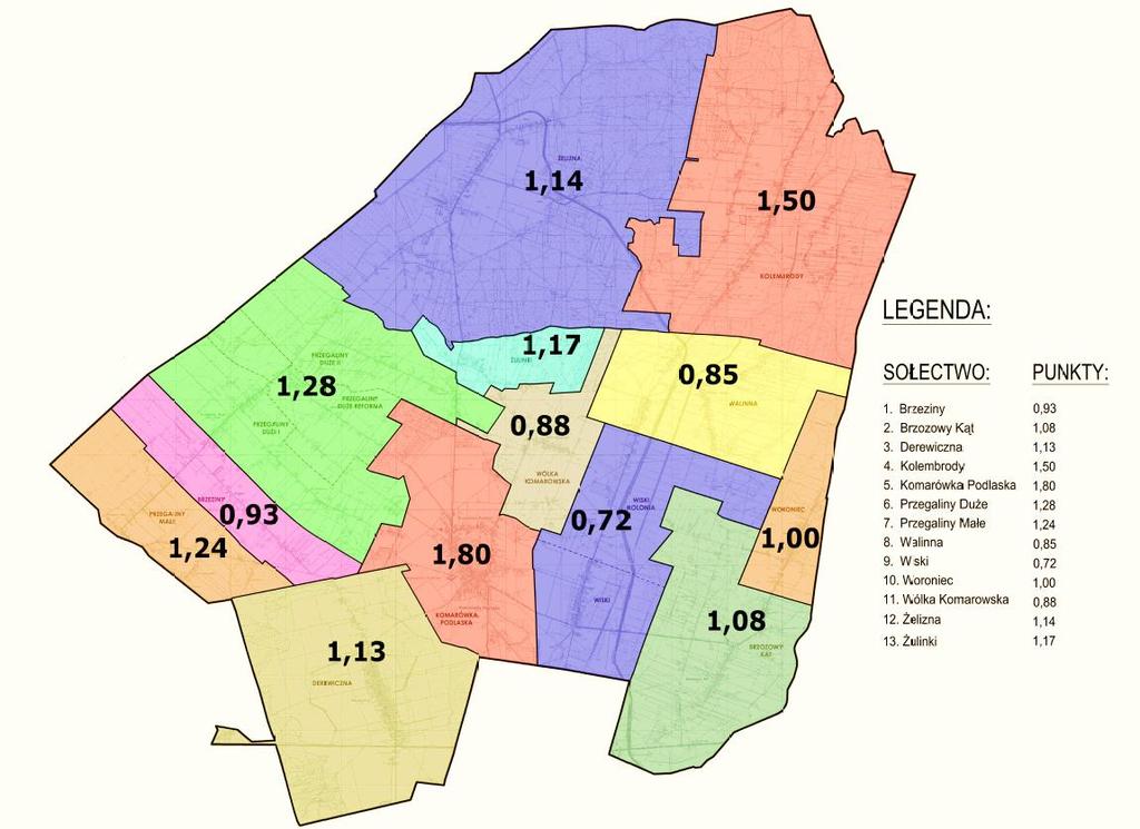Mapa 4 Suma punktów uzyskanych w efekcie analizy wskaźnikowej wg podziału na poszczególne