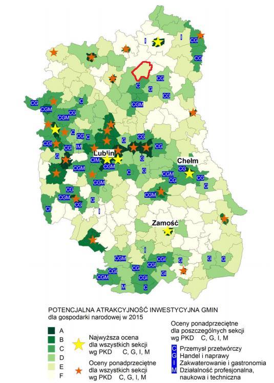 Mapa 7 Zróżnicowanie przestrzenne potencjalnej atrakcyjności inwestycyjnej gmin województwa lubelskiego z uwzględnieniem najbardziej atrakcyjnych sekcji Źródło: Opracowanie własne na podstawie: H.
