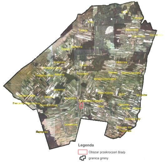 Mapa 9 Przekroczenie benzo/a/pirenu na obszarze gminy Komarówka Podlaska w 2015 roku Źródło: Wojewódzki Inspektorat Ochrony Środowiska w Lublinie Zgodnie z inforamcją WIOŚ w Lublinie główny wpływ na