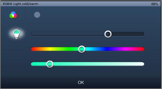 RGB Elementami obsługowymi RGB można dokonywać określonych ustawień dla pewnych lamp (LED, Philips Hue itd.). W ten sposób można np. zmieniać kolory lub dopasowywać udział światła białego ciepłego.