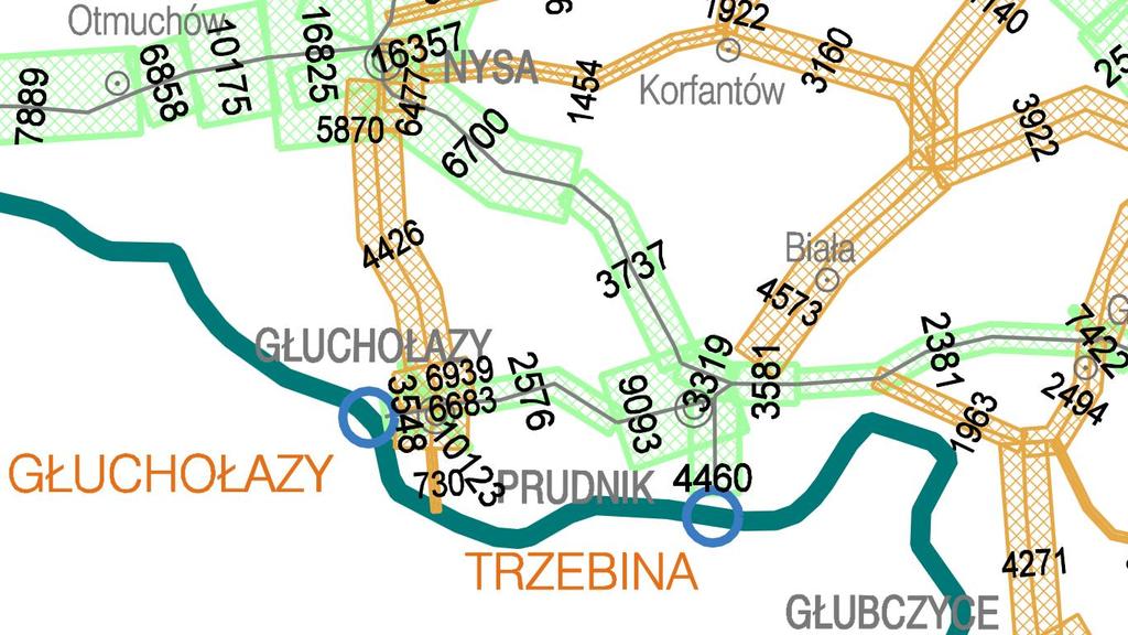 27 km dróg krajowych, 53 km dróg powiatowych, 66 km dróg gminnych w tym 43 km na terenie miasta. Największe natężenie ruchu pojazdów zarejestrowano na niżej wymienionych drogach. Tabela V.9.