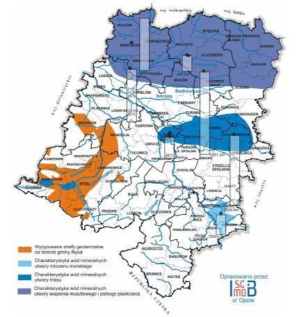 Rysunek VII.3. Charakterystyka wód mineralnych i termalnych na terenie województwa opolskiego Źródło: Raport Wykorzystanie odnawialnych źródeł energii na Opolszczyźnie opracowany w 2011 r.