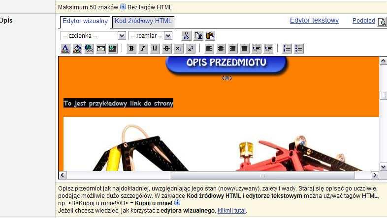 e) praca z edytorem wizualnym Allegro link tekstowy Link (odnośnik) jest to fragment tekstu, bądź obrazek, który po kliknięciu, przenosi nas do innej strony WWW.