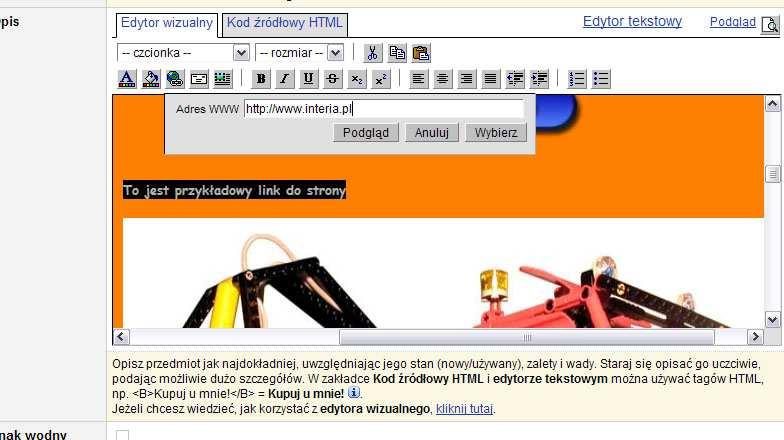 Screen 13. Wpisywanie adresu www, w celu utworzenia linku w edytorze wizualnym Allegro. Gdy adres do strony zostanie wpisany, klikamy na przycisku.