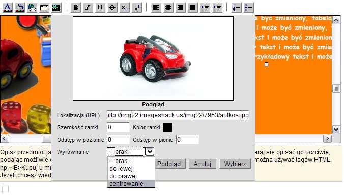 Screen 22. Link do zdjęcia z serwisu Imageshack.us wklejony w okno do wstawiania zdjęć w edytorze wizualnym Allegro Możemy teraz kliknąć Podgląd, aby zobaczyć, czy wszystko działa.