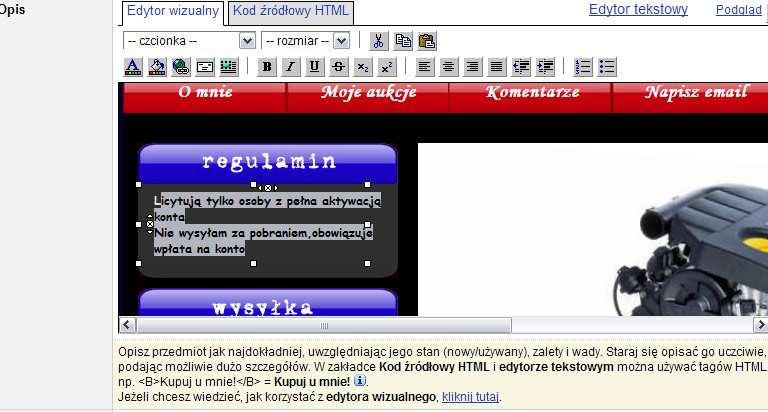 Screen 28. Zaznaczanie tekstu bez pierwszej literki w celu w celu sformatowania w edytorze wizualnym Allegro rozwiązanie problemu z formatowaniem.