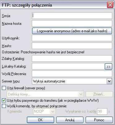 Screen 3. Okienko do wprowadzania nowego połączenia w programie Total Commander. Jak widzisz, w okienku znajdują się puste pola, które należy uzupełnić.