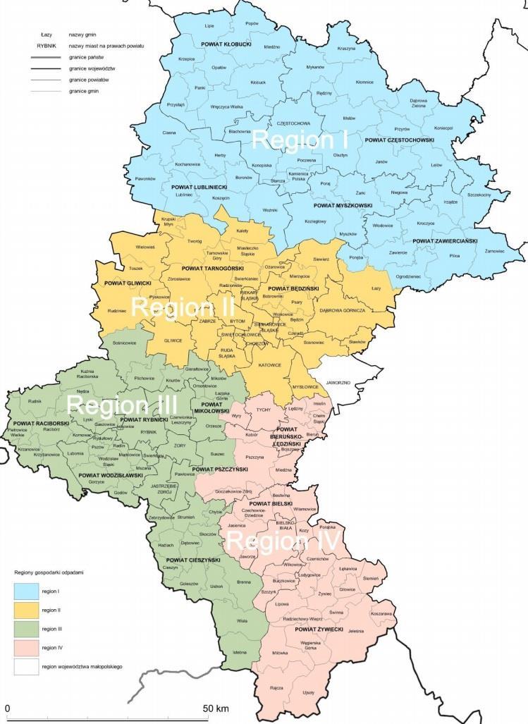 Rysunek 9.Regiony gospodarki odpadami w województwie śląskim.