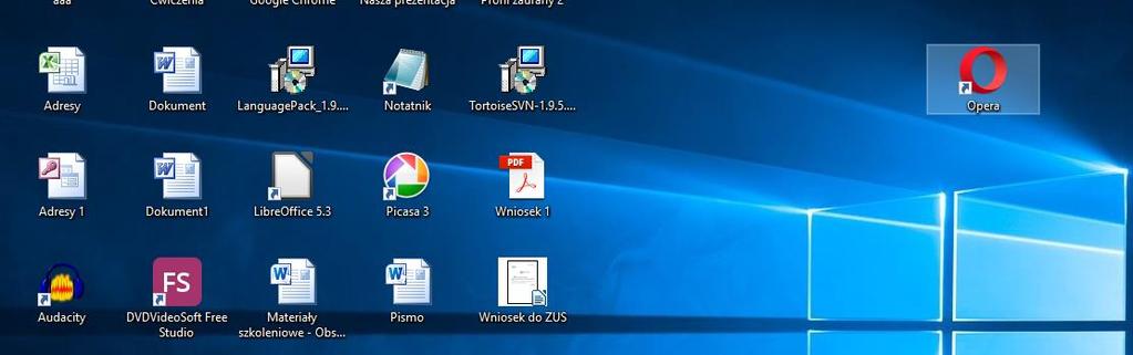 Ikona Opera pojawia się w nowym miejscu [7/28] Komputer od zera Rysunek 14. Zmiana położenia ikony Aktywność tego polecenia powoduje automatyczne rozmieszczenie ikon na Pulpicie.