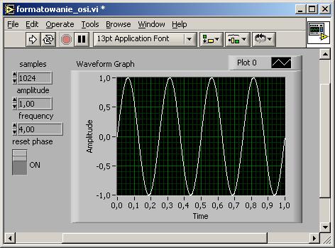 vi Wejście f dla funkcji Sine Wave.vi określa częstotliwość znormalizowaną wyrażoną w cyklach/l.