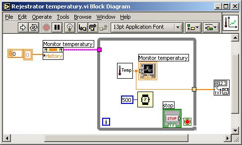 Zapis danych do pliku tekstowego Wczytać program Monitor temperatury.vi 