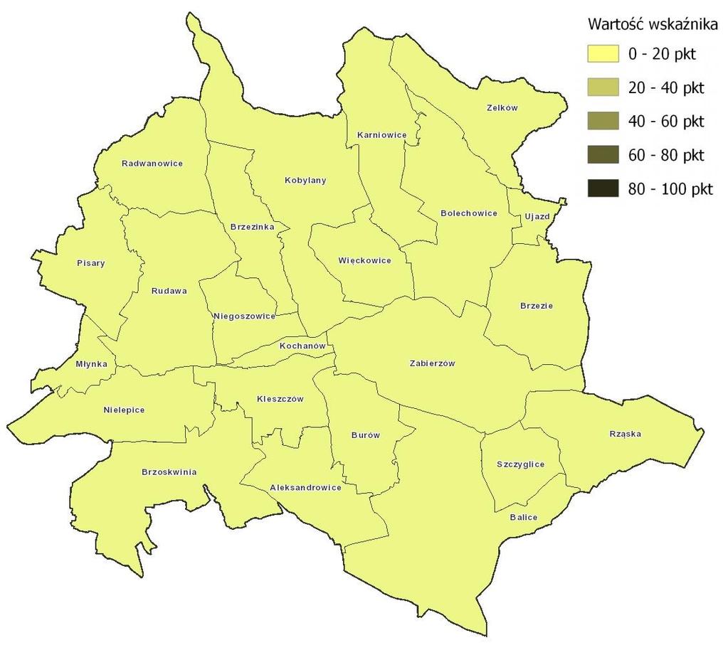 Rysunek 33. Przestrzenne zróżnicowanie obrębów województwa małopolskiego ze względu na wartość wskaźnika związanego rozdrobnienie gospodarstw rolnych. Źródło: http://miip.geomalopolska.