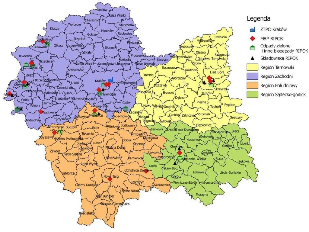 Regiony Gospodarki Odpadami 4 Gospodarka odpadami w województwie małopolskim opiera się na wskazanych w Planie Gospodarki Odpadami dla Województwa Małopolskiego na lata 2016-2022 regionach gospodarki