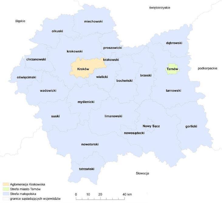 Rysunek 3. Podział województwa małopolskiego na strefy ze względu na ochronę powietrza.