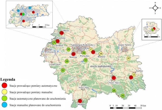 Tabela 8. Lokalizacja stacji monitoringu powietrza na terenie województwa małopolskiego w roku 2016.