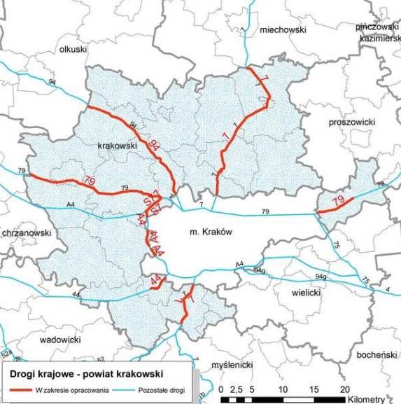 Rysunek 8. Przebieg odcinków dróg poddanych badaniom klimatu akustycznego na terenie powiatu krakowskiego, w tym Gminy Zabierzów.