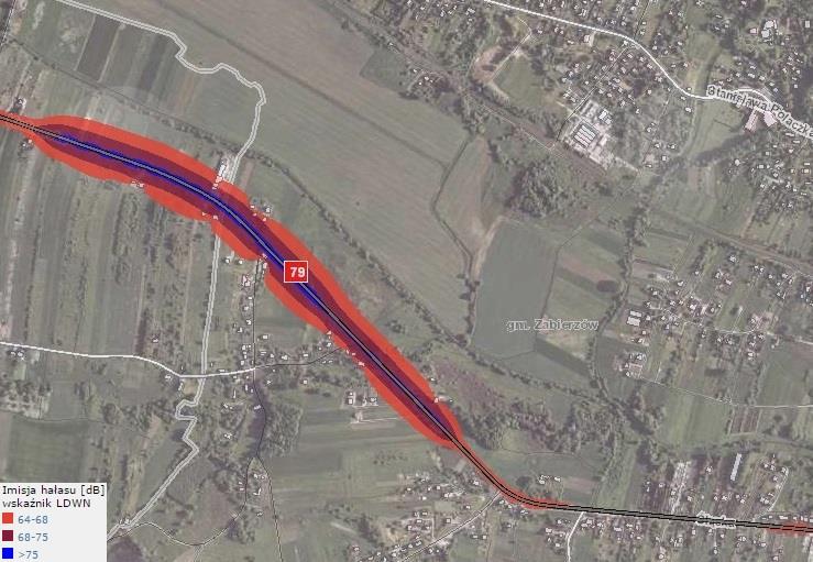 Poniżej przedstawiono w formie graficznej imisję hałasu na terenie Gminy Zabierzów, przy głównych drogach z uwzględnieniem wskaźnika L DWN oraz L N. Rysunek 9.