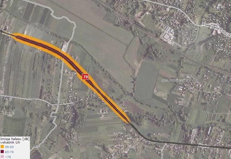 Rysunek 10. Mapa akustyczna drogi krajowej nr 79 na terenie m. Rudawa (gm.