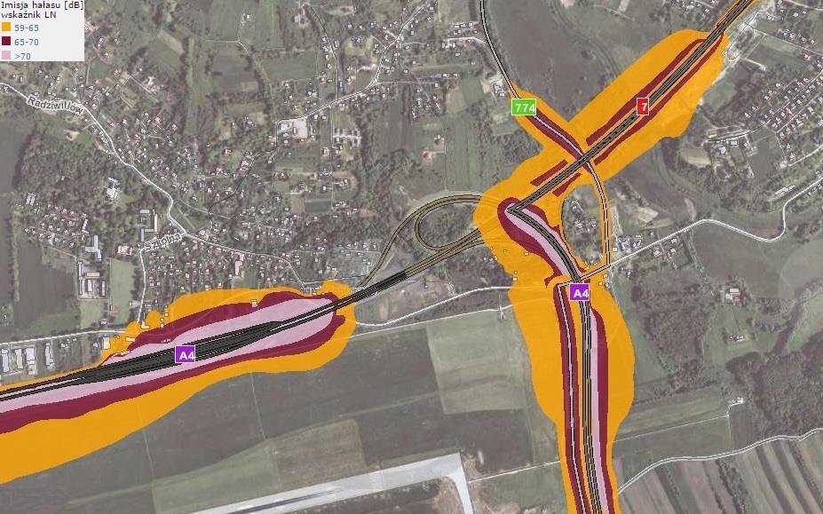 Rysunek 12. Mapa akustyczna autostrady A4, drogi ekspresowej oraz wojewódzkiej na terenie m. Balice (gm. Zabierzów) z uwzględnieniem wskaźnika L N. Źródło: http://miip.geomalopolska.