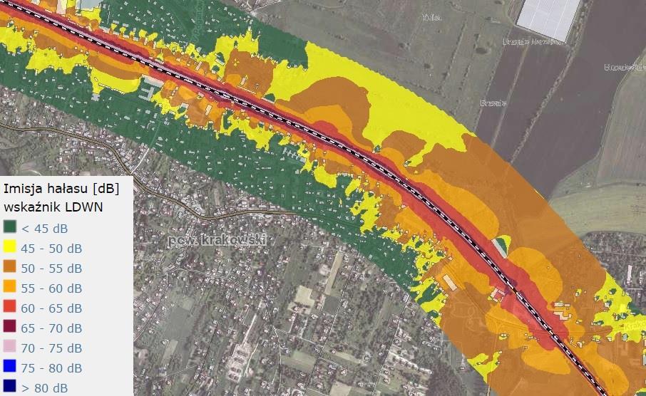 Rysunek 14. Mapa akustyczna linii kolejowej Katowice-Kraków-Rzeszów na terenie m. Zabierzów (gm.