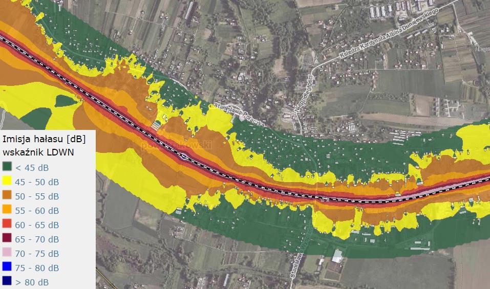 Rysunek 16. Mapa akustyczna linii kolejowej Katowice-Kraków-Rzeszów na terenie m. Rudawa (gm. Zabierzów) z uwzględnieniem wskaźnika L DWN. Źródło: http://miip.geomalopolska.