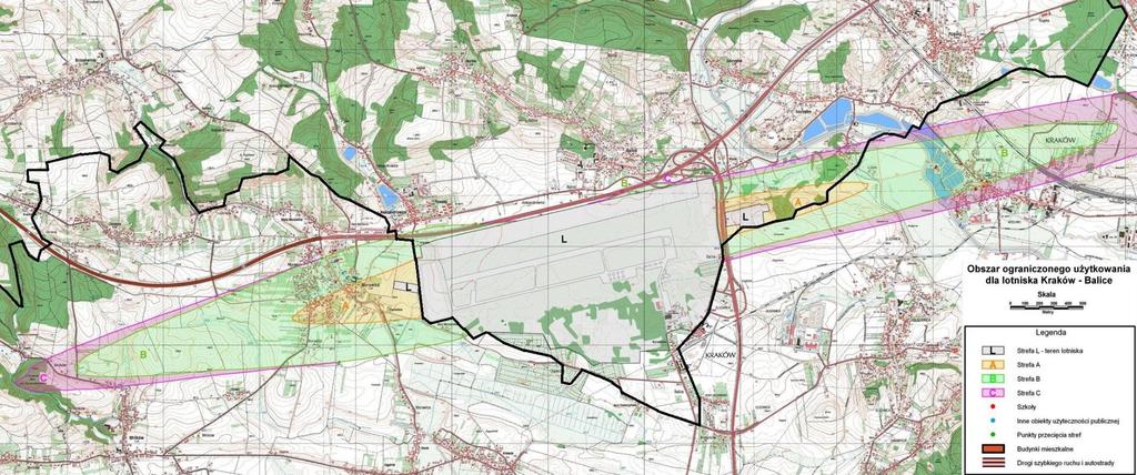 Rysunek 18. Zasięg obszaru ograniczonego użytkowania Międzynarodowego Portu Lotniczego Kraków-Balice w obrębie Gminy Zabierzów z uwzględnieniem podziału na strefy.