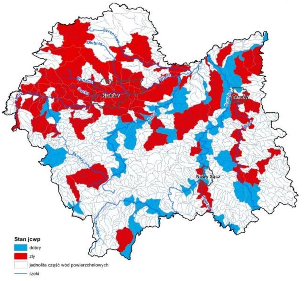Rysunek 24. Stan JCWP na terenie województwa małopolskiego na podstawie oceny WIOŚ w Krakowie za rok 2015.