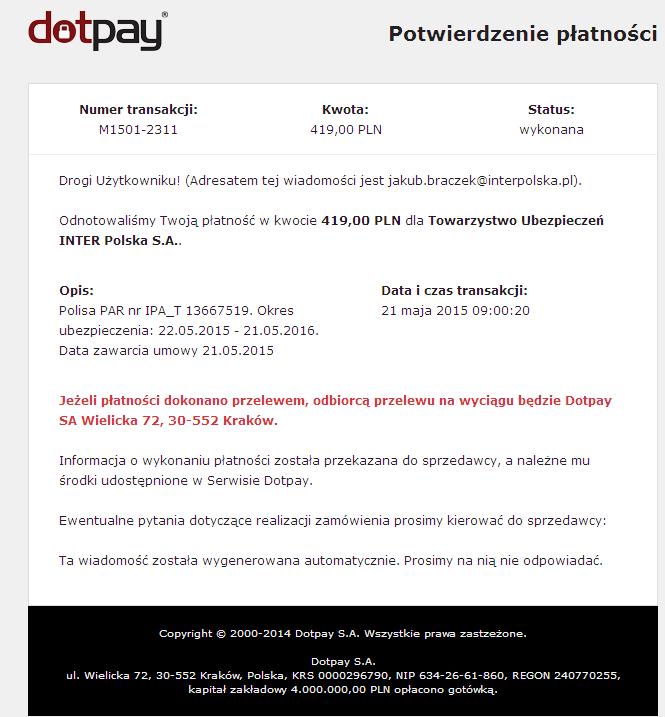 Po dokonaniu płatności na adres e-mail