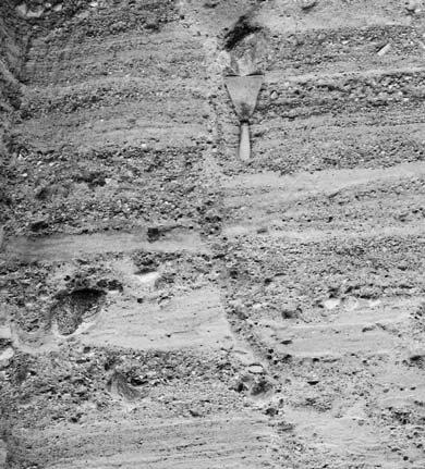 (B) The primary sand wedge of the horizon K K8 ; (C) The embedded clast at the bottom of the till R2a (the arrow