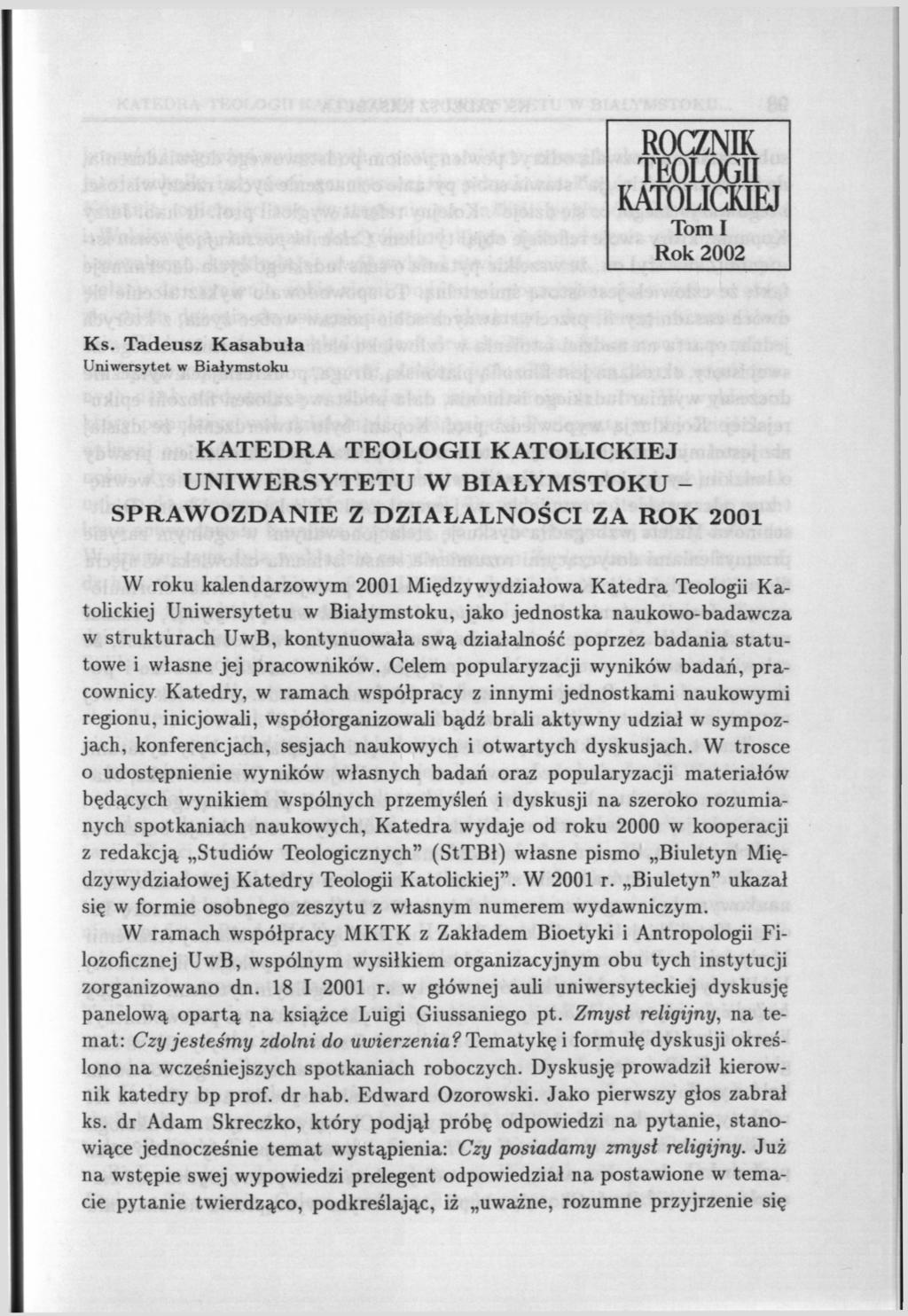 ROCZNIK TEOLOGII KATOLICKIEJ Tom I Rok 2002 Ks.