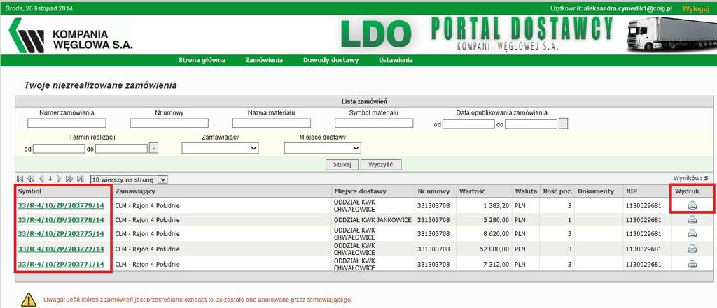 INSTRUKCJA OBSŁUGI DOWODÓW DOSTAW W PORTALU LDO Portal Dostawcy, zakładka Zamówienia, menu Niezrealizowane zamówienia