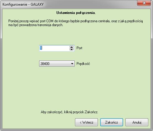 4.1. Konfiguracja komunikacji po RS232 W kolejnym oknie konfiguruje się połączenie poprzez ustawienie numeru Portu, do którego podłączona jest centrala Galaxy.