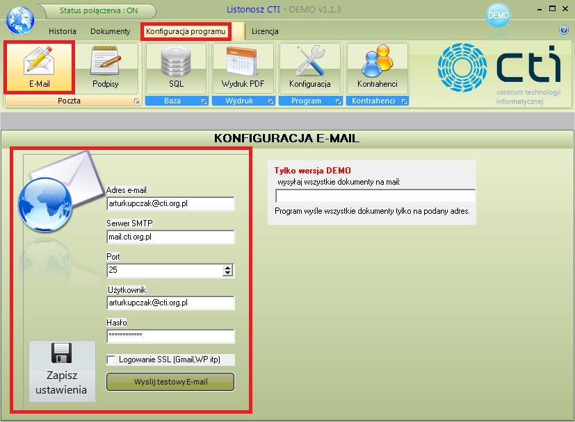 3.4. Konfiguracja e-mail W celu dokonania konfiguracji skrzynki pocztowej należy w górnym menu wybrać zakładkę Konfiguracja Programu, a następnie