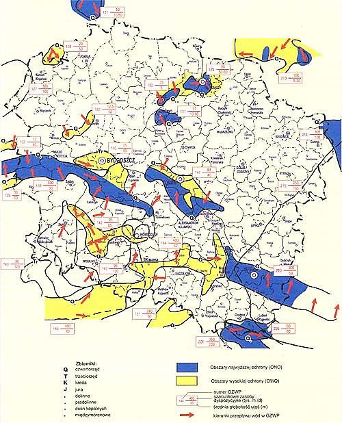 Rysunek 5 Główne zbiorniki wód podziemnych w województwie kujawsko-pomorskim Źródło: Biblioteka Wojewódzkiego Inspektoratu Ochrony Środowiska w Bydgoszczy Wody geotermalne nadające się do rekreacji i