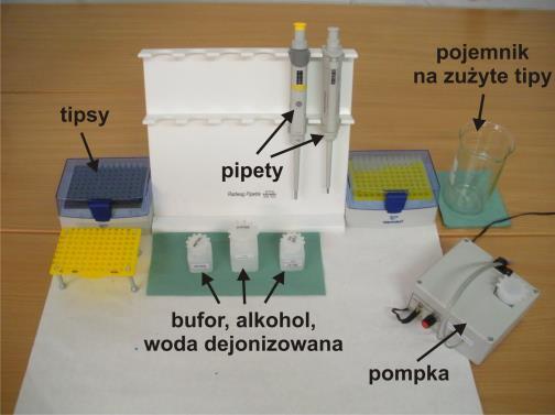 a) b) Rys. 8. Akcesoria do przygotowania chipa: a) stanowisko, b) pipety Procedura pobierania cieczy pipetą:. ostrożnie ustawić pokrętłem wymaganą objętość (nie przekraczać skrajnych wartości!), 2.
