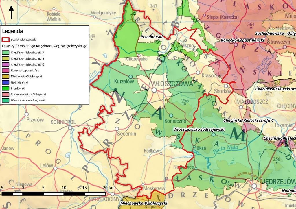 Rysunek 7. Obszary Chronionego Krajobrazu w granicach powiatu włoszczowskiego [7].